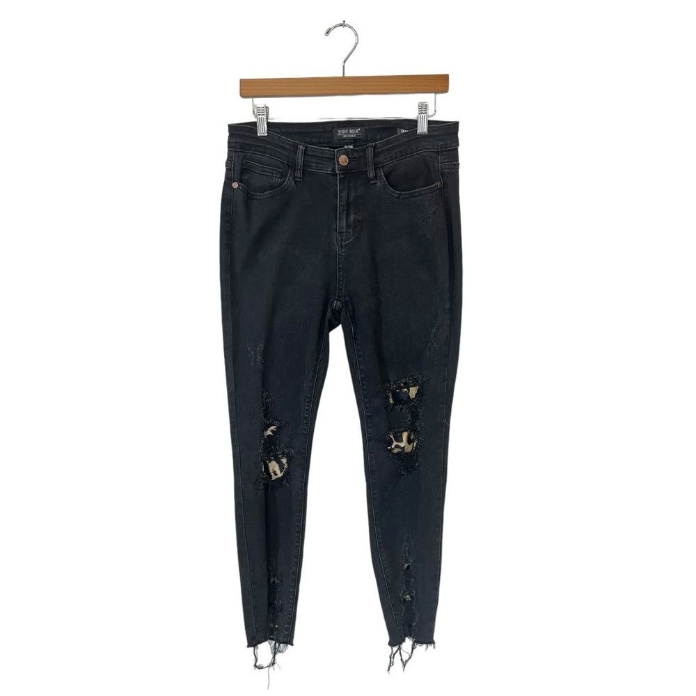 Judy Blue Skinny Fit Distressed Jeans Black‎ Raw Hem Leopard Patch Women Sz 9/29
